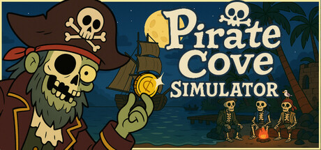 Key art for Pirate Cove Simulator showing an undead pirate captain holding a gold coin, with three skeleton pirates gathered around a campfire on a moonlit beach