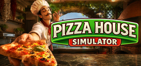 Pizza House Simulator key art of a moustached chef presenting a fresh pizza in front of the game's logo