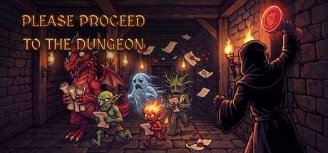 Pixel-art key art of a hooded gatekeeper stamping papers at a torch-lit dungeon gate as a red dragon, a goblin, a ghost and a treant queue up with scrolls, beside the game's logo