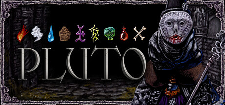 Pluto key art showing a masked wizard beside the game's logo and a row of elemental spell-school icons