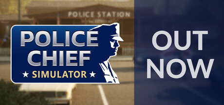 Police Chief Simulator key art showing the Winston Springs police station with an \"Out Now\" launch banner