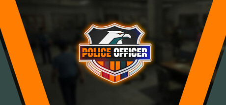 Police Officer logo art over a blurred police station lobby