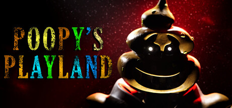 Key art for Poopy's Playland showing a grinning, menacing poop-shaped mascot in dramatic red lighting