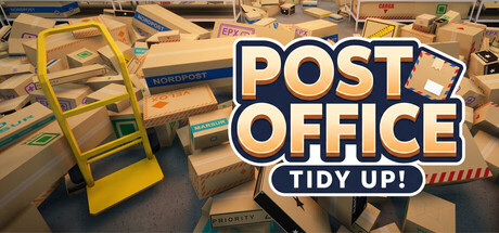 Post Office: Tidy Up! key art, showing a toppled pile of parcels and a yellow hand trolley beneath the game's logo