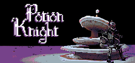 Potion Knight title art showing a hooded figure kneeling beside a snow-capped shell-like structure