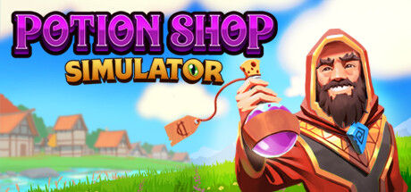 Key art for Potion Shop Simulator, showing a bearded alchemist holding a glowing potion above a riverside village