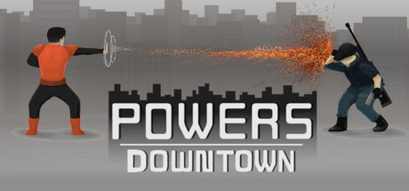 Key art showing two silhouetted fighters facing off across a city skyline beside the Powers Downtown logo