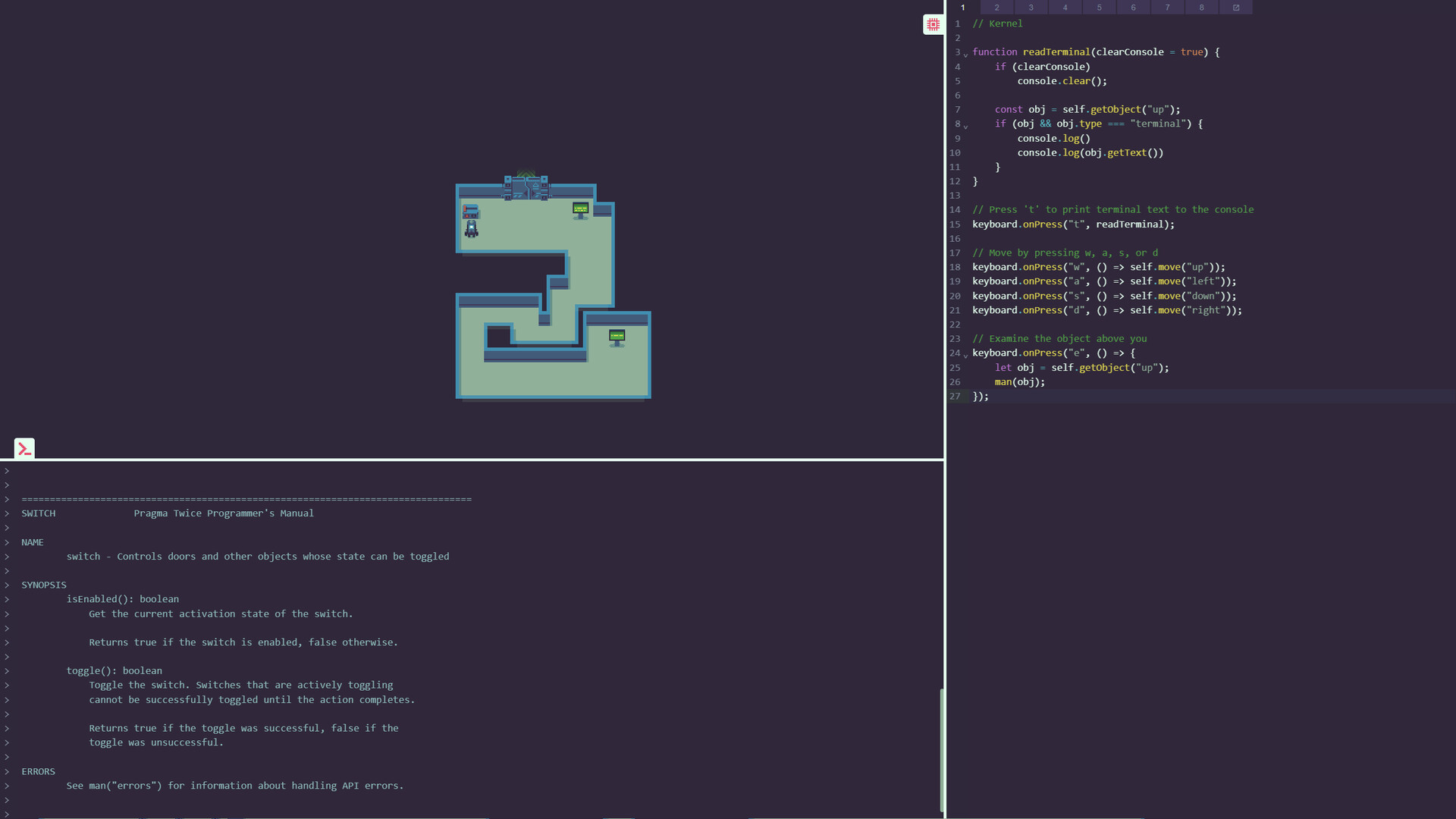A split-screen editor shows real JavaScript code registering keyboard events beside a terminal printing a switch object's API manual page