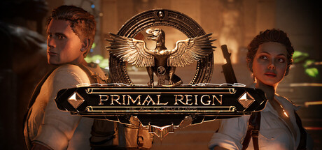 Key art showing protagonists Harriet and Ronnie flanking an ornate winged-scarab emblem above the Primal Reign logo