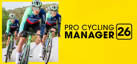 Pro Cycling Manager 26 key art with three cyclists in a breakaway beside the game's logo