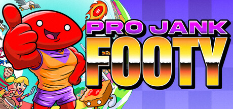 Pro Jank Footy key art: a grinning red football giving a thumbs up beside the bold pixel-art title logo, with pitch invaders and a barbecue in the background