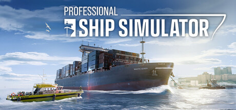 Professional Ship Simulator key art showing a large orange container ship at sea beside a yellow harbor pilot boat and a distant port