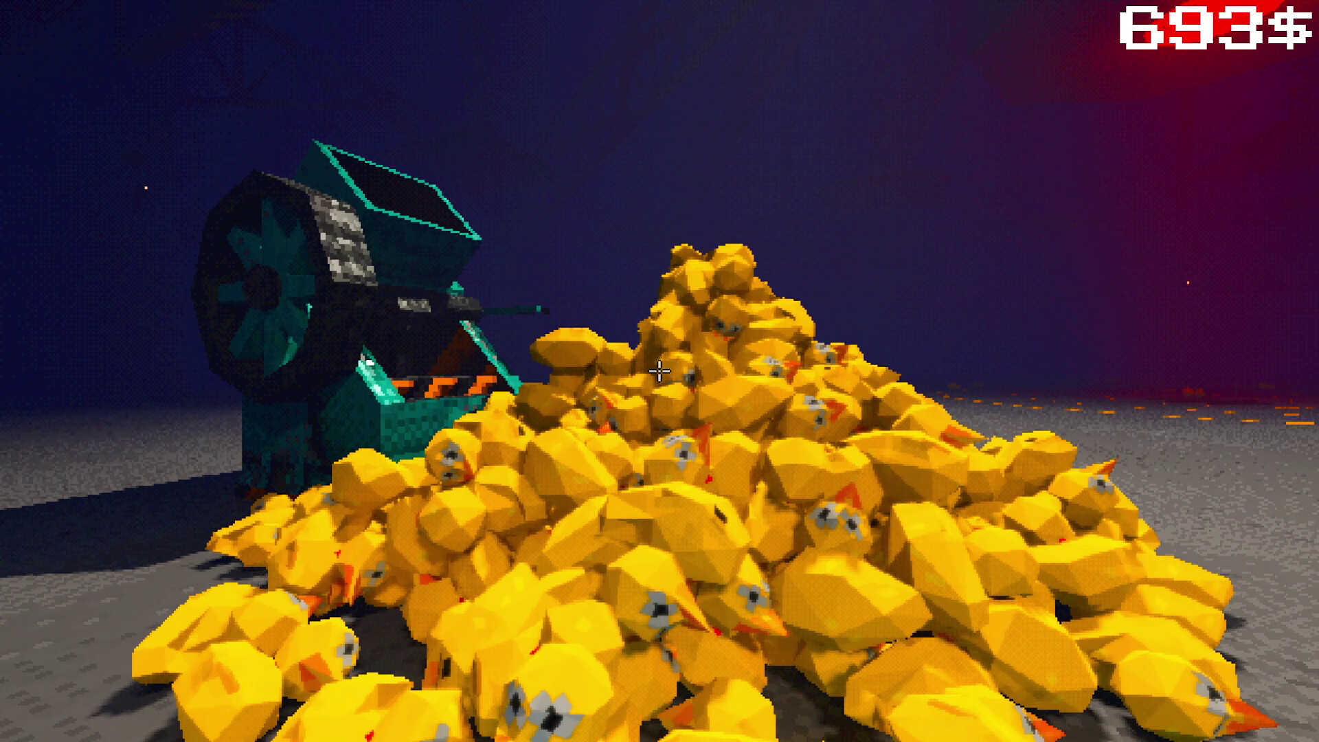 A tangled mass of cash registers and machinery tumbling through the air with dollar-value labels and a combo counter reading Chain x4