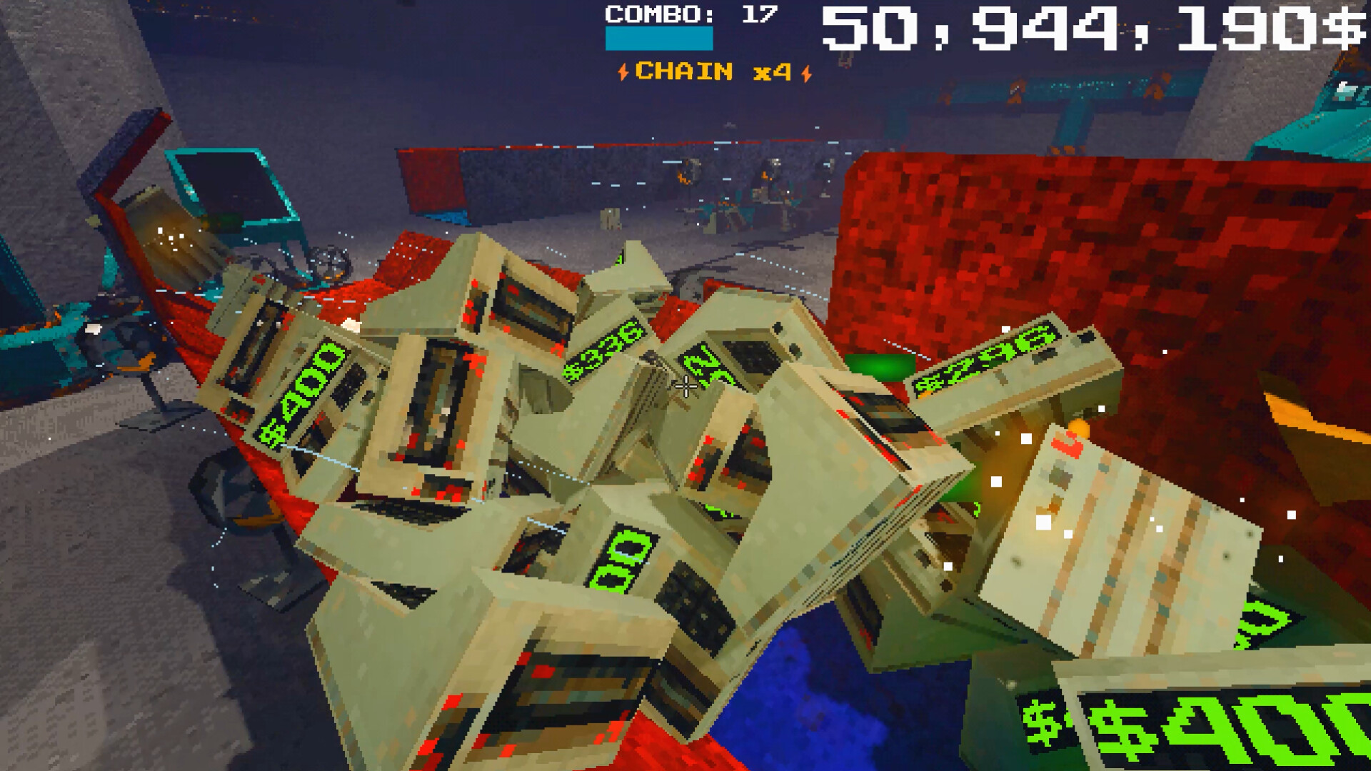 A tangled mass of cash registers and machinery tumbling through the air with dollar-value labels and a combo counter reading Chain x4