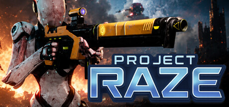 Header art for Project RAZE: Fall of Terra showing an armored soldier aiming a yellow rifle beside the game's blocky logo, with a burning ruined cityscape in the background