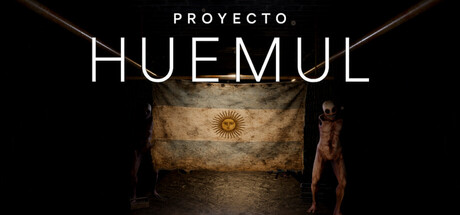 Proyecto Huemul title screen showing the game's logo over a tattered Argentine flag with a pale, emaciated creature standing beside it in a dark underground room