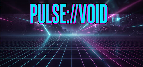 The Pulse://Void logo in glowing cyan and magenta letters over a synthwave neon grid horizon