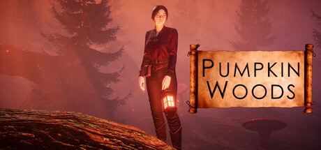 Key art showing the witch protagonist standing on a moss-covered rock in a misty red-lit forest beside the Pumpkin Woods logo on a scroll banner