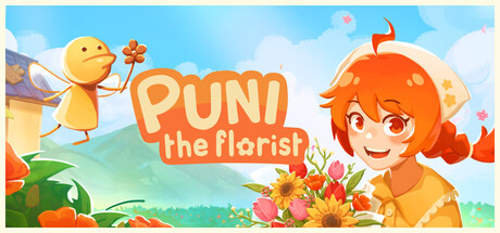 Key art showing Puni holding a bouquet of flowers beside her fairy employer outside the flower shop