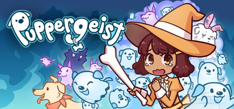 Puppergeist key art showing Claire the witch surrounded by cartoon ghost dogs and a rabbit