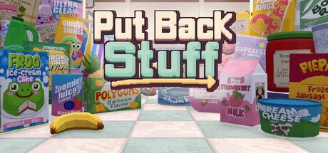 Put Back Stuff title art surrounded by parody grocery product boxes like Frog Ice-Cream Cake and Polygons chips