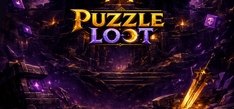 Purple-and-gold Puzzle Loot logo key art over a treasure-strewn dungeon chamber with floating enchanted cards, a chest, and a glowing sword