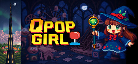 QPopGirl key art showing a witch-hatted girl with a staff standing before a moonlit gothic tower and ferris wheel