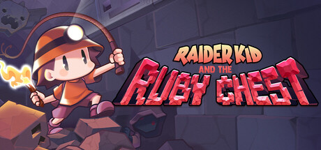 Key art for Raider Kid and the Ruby Chest showing the whip-wielding protagonist climbing ruins beside the game's logo