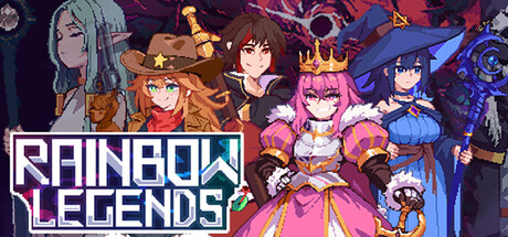 Anime-style key art for Rainbow Legends showing five armored heroines lined up before a dark, ornate background