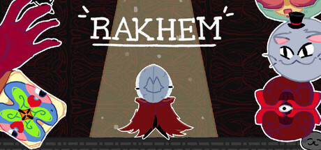 The RAKHEM logo above a small hooded character, framed by illustrated hands, a cat-like enemy, and a patterned card