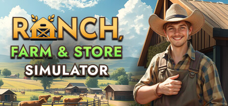 Key art for Ranch Farm and Store Simulator showing a farmer giving a thumbs up in front of a ranch, with animal pens and rolling hills behind him