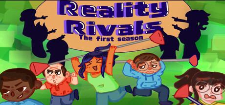 Reality Rivals: The First Season key art showing stylized cartoon contestants holding microphones in front of shadowy silhouettes