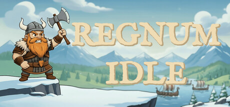 Regnum Idle key art showing a bearded Viking warrior with an axe standing on a cliff above a fleet of longships