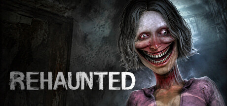 Rehaunted key art, showing a grinning, blood-streaked female entity looming in a dark hallway