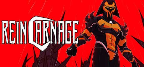 The REINCARNAGE logo beside a horned, armored figure standing against a blood-red sky with jagged black spires