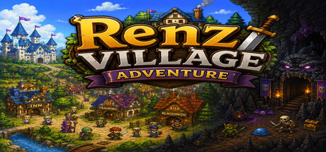 Illustrated key art of a fantasy village with an inn, blacksmith, and training buildings, backed by a castle and a monster-infested cave