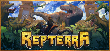 Repterra logo beneath a colonist riding a dinosaur amid a stampeding pack of hungry theropods