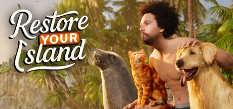 Restore Your Island key art showing a man with a rescued seal, cat, and dog on a tropical beach