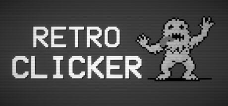 The Retro Clicker logo in a monochrome pixel font beside a greyscale pixel-art snow-monster sprite on a scanline background