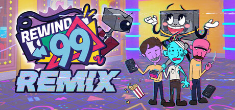 Colorful cartoon key art showing the 'Rewind 99 Remix' logo beside three grinning cartoon store clerks holding a phone, popcorn, and a VHS-style camcorder, with a cartoon TV character above them
