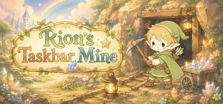 Painterly key art of the elf miner Rion pushing a cart of gems out of a mine beneath a rainbow and distant castle