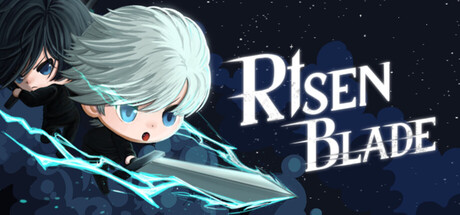 Risen Blade logo art with two pixel-art characters wielding a glowing blue sword
