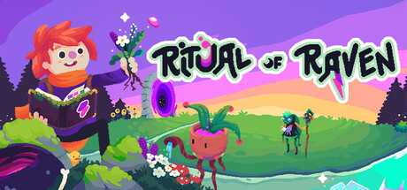 Ritual of Raven key art showing a witch character raising a bouquet beside a glowing portal, a sentient beetroot, and a hooded raven-headed figure