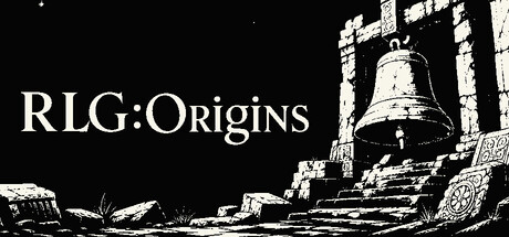 RLG:Origins logo beside a woodcut-style illustration of a robed figure standing before a great stone bell and gate
