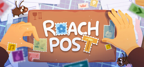 Key art for Roach Post showing hands holding up a wooden sign reading "Roach Post" surrounded by scattered postage stamps and a roach mascot