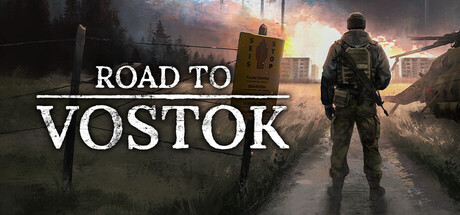 Key art for Road to Vostok, showing an armed survivor at a border checkpoint with a helicopter overhead
