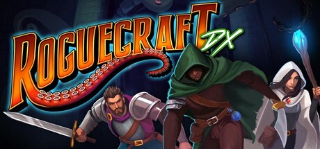 Key art for Roguecraft DX showing a fighter, rogue, and mage standing before the game's tentacled logo