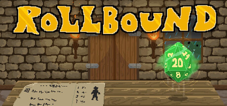 Rollbound logo above a glowing green D20 floating over a tavern table