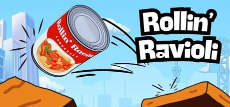 Rollin' Ravioli key art showing a can of ravioli launched off a construction platform between two skyscrapers