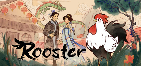 Hand-painted key art of Rooster with Little Dove and a human companion in front of a lantern-strung village